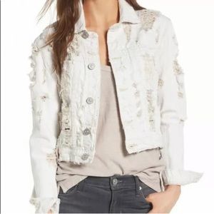 Hudson Garrison Distressed Cropped Ripped Jean denim Jacket Cream XS $325